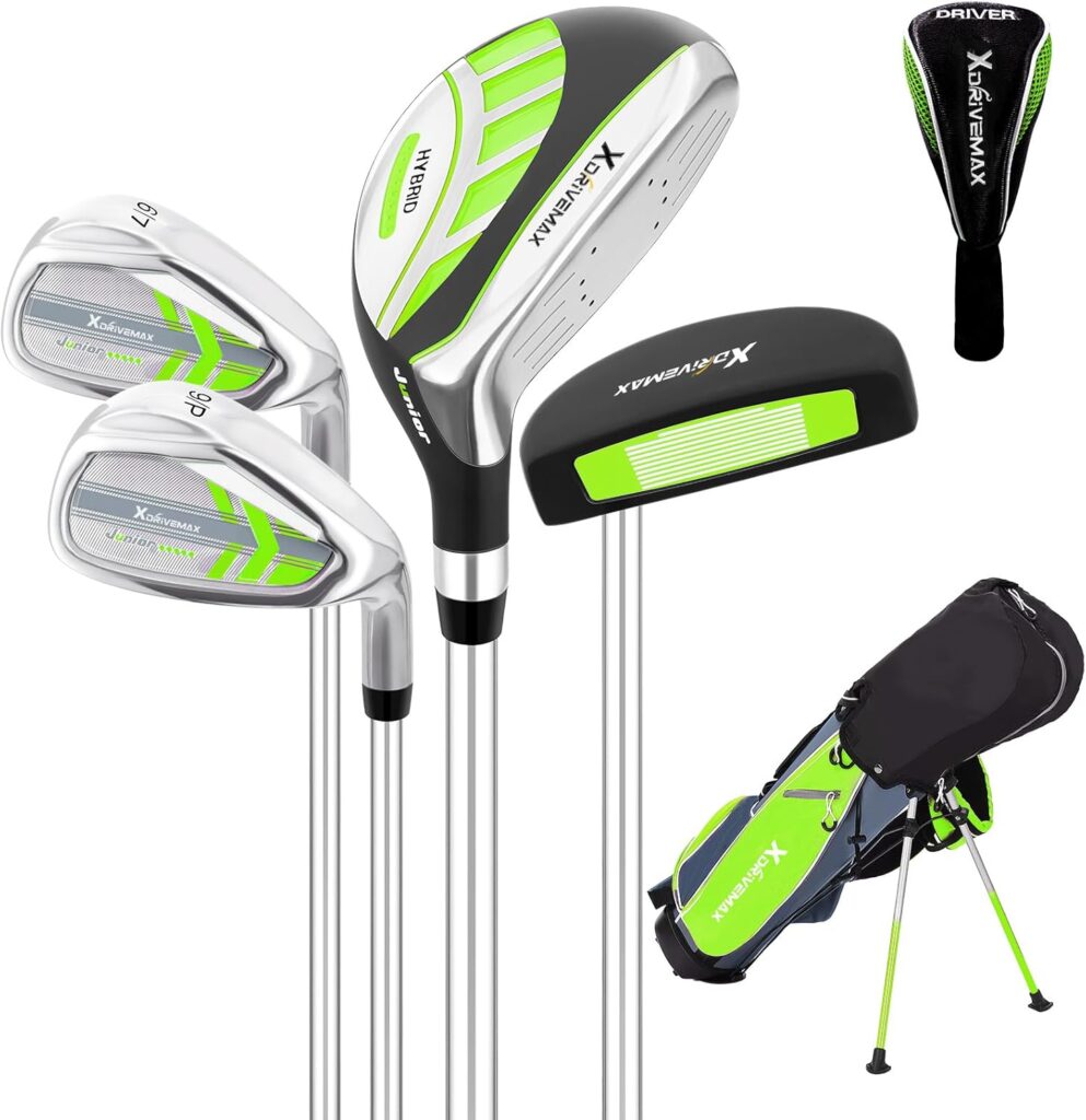 XDriveMax 5/6 Pieces Kids Golf Club Set, Junior Golf Club Set Ages 4-12 Includes Stand Bag, 1# Drive, 5# Hybrid, 6/7#, 9/P# Irons and Putter Right Hand for Boys Girls