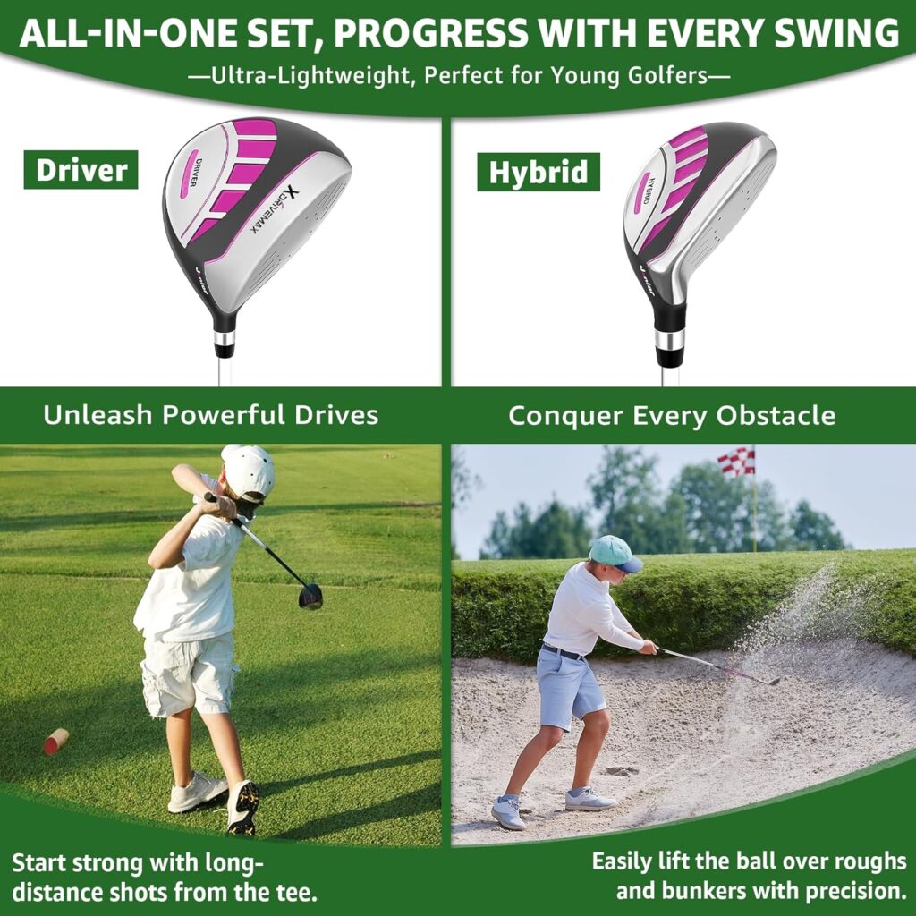 XDriveMax 5/6 Pieces Kids Golf Club Set, Junior Golf Club Set Ages 4-12 Includes Stand Bag, 1# Drive, 5# Hybrid, 6/7#, 9/P# Irons and Putter Right Hand for Boys Girls