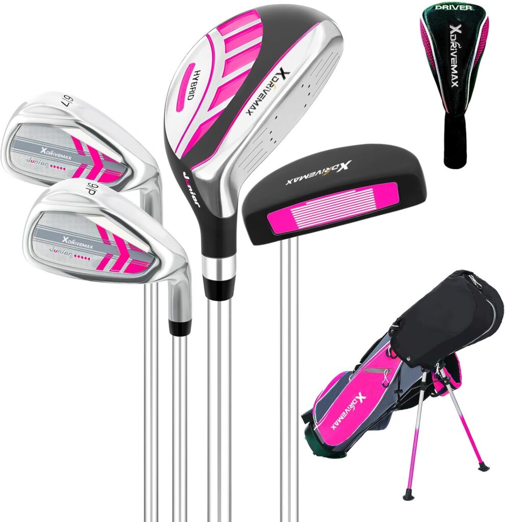 XDriveMax 5/6 Pieces Kids Golf Club Set, Junior Golf Club Set Ages 4-12 Includes Stand Bag, 1# Drive, 5# Hybrid, 6/7#, 9/P# Irons and Putter Right Hand for Boys Girls