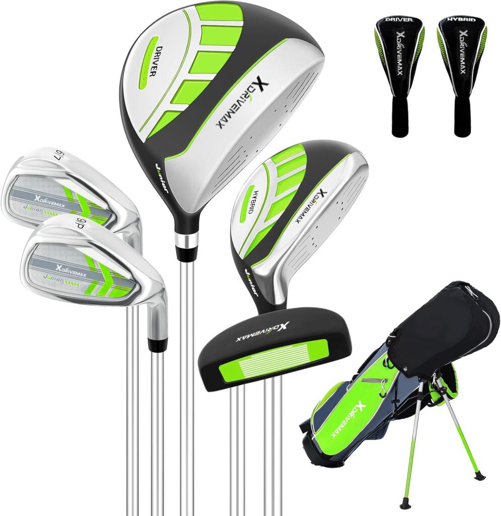 XDriveMax 5/6 Pieces Kids Golf Club Set, Junior Golf Club Set Ages 4-12 Includes Stand Bag, 1# Drive, 5# Hybrid, 6/7#, 9/P# Irons and Putter Right Hand for Boys Girls