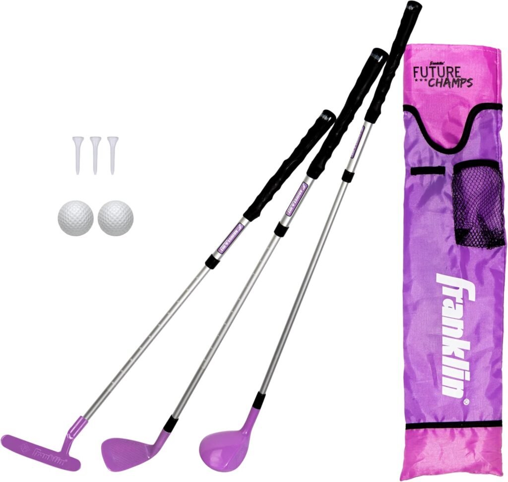 Franklin Sports Kids Golf Set - Youth Adjustable Plastic Golf Club Set - Kids Plastic Golf Set with Bag  Balls - Adjustable Length Clubs for Toddlers - Pink