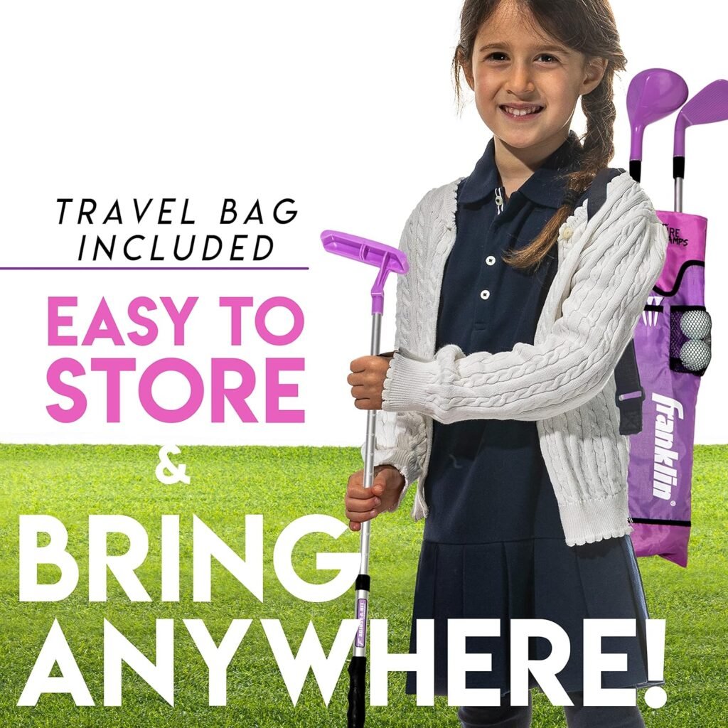 Franklin Sports Kids Golf Set - Youth Adjustable Plastic Golf Club Set - Kids Plastic Golf Set with Bag  Balls - Adjustable Length Clubs for Toddlers - Pink